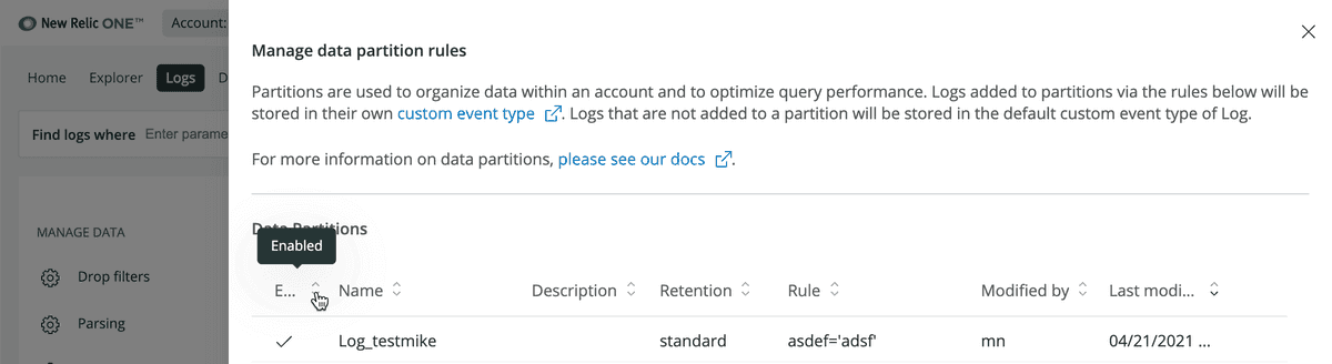 Log data partitions rule
