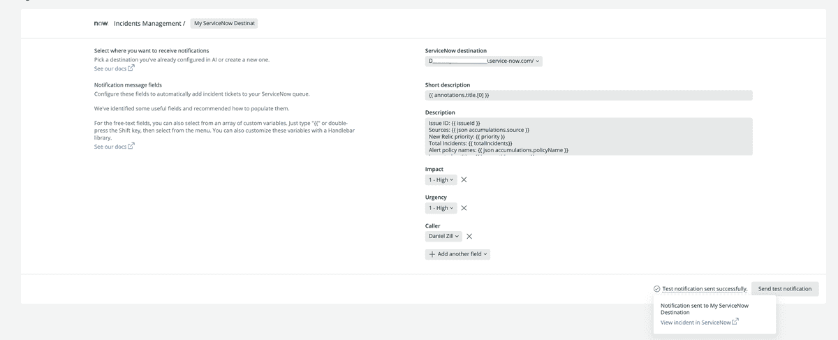 A screenshot of some recommended ServiceNow-incident fields and values.