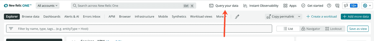 A screenshot showing where you can find the NRQL query builder button in New Relic One.