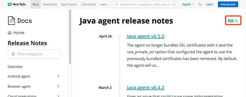 Java agent RSS feed on the release notes page