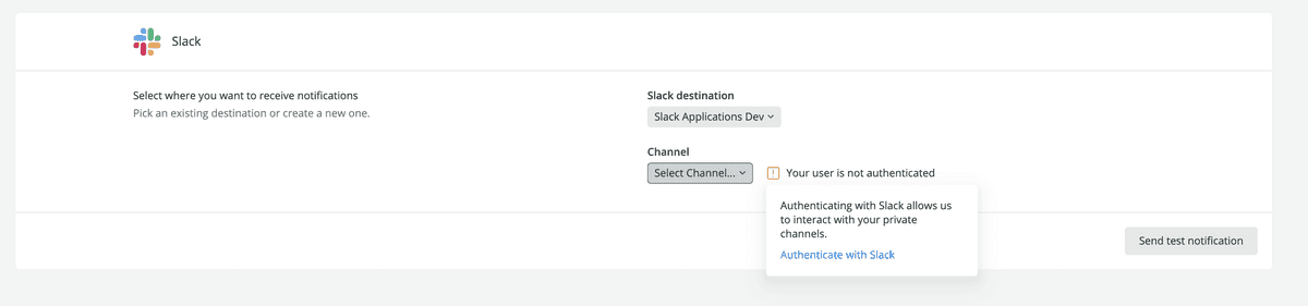 Slack settings, user is not authenticated.